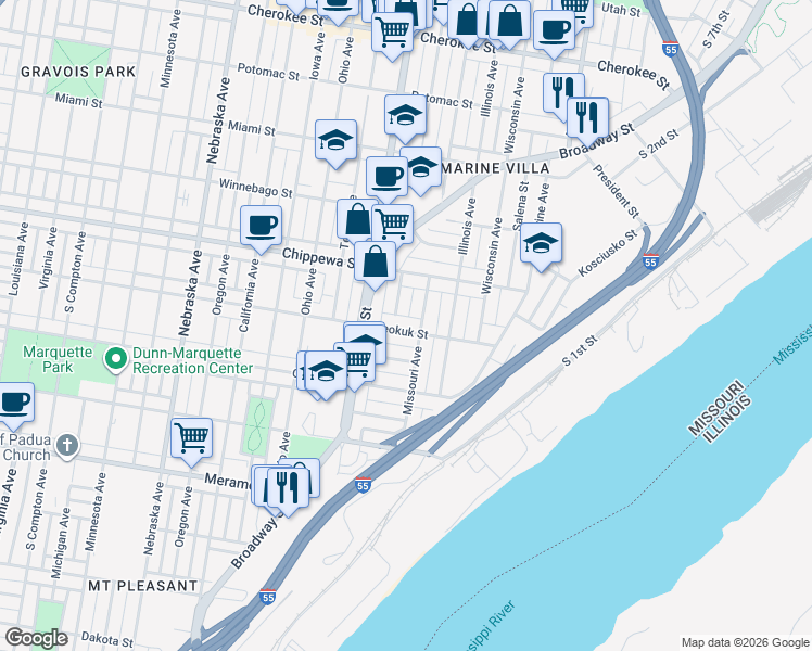 map of restaurants, bars, coffee shops, grocery stores, and more near 2215 Keokuk Street in St. Louis