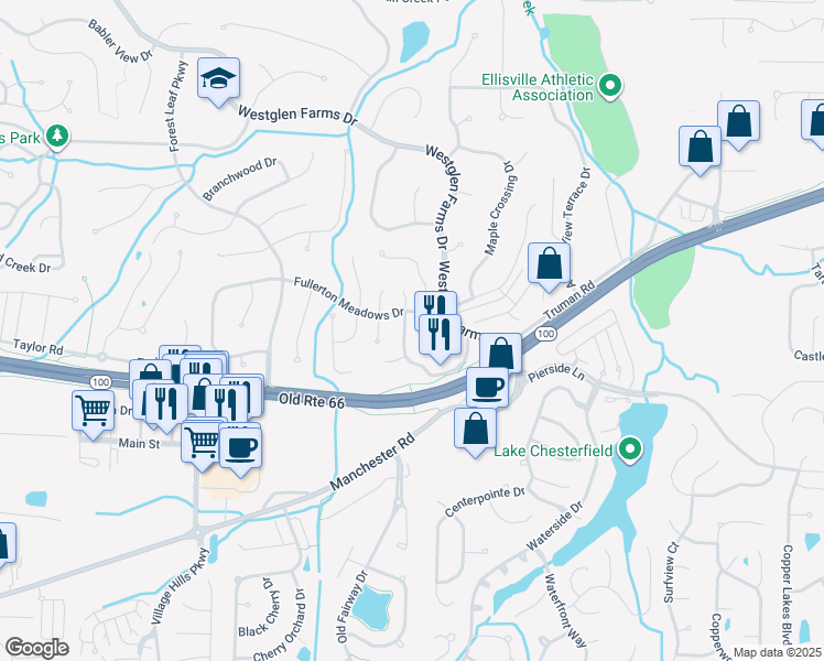 map of restaurants, bars, coffee shops, grocery stores, and more near 2510 New Point Drive in Ballwin