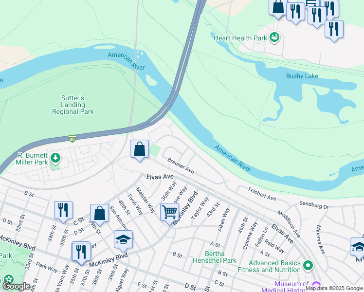 map of restaurants, bars, coffee shops, grocery stores, and more near 3830 Moddison Avenue in Sacramento