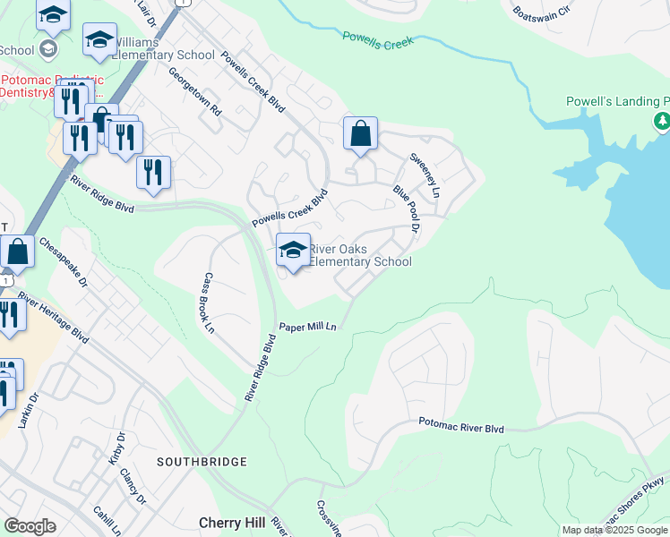 map of restaurants, bars, coffee shops, grocery stores, and more near 2526 Basin View Lane in Woodbridge