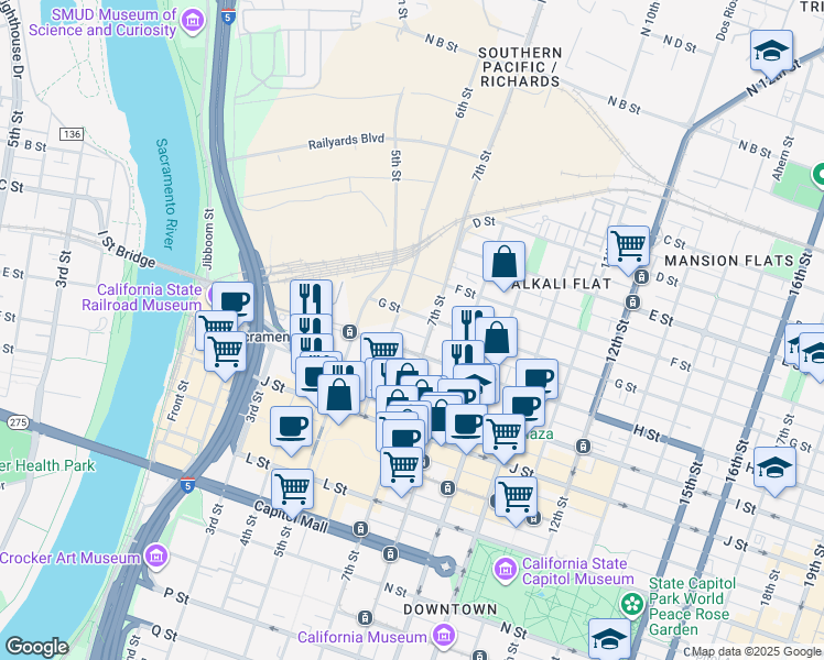 map of restaurants, bars, coffee shops, grocery stores, and more near 615 Government Alley in Sacramento