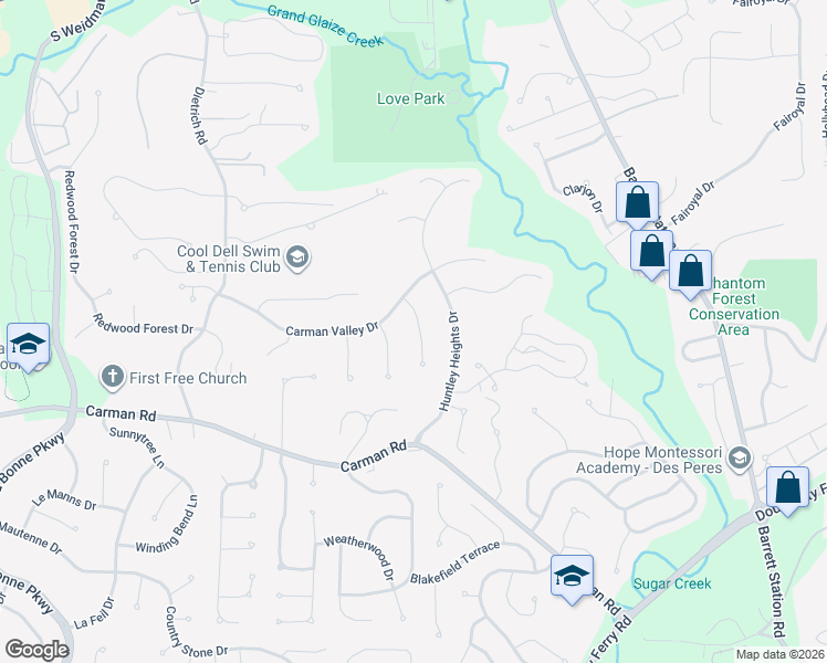 map of restaurants, bars, coffee shops, grocery stores, and more near 619 Amberwood Lane in Ballwin