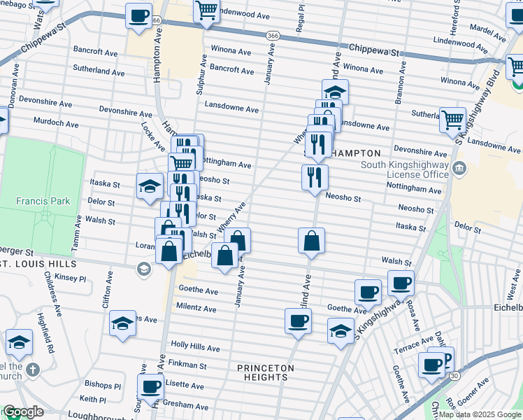 map of restaurants, bars, coffee shops, grocery stores, and more near 5520 Itaska Street in St. Louis