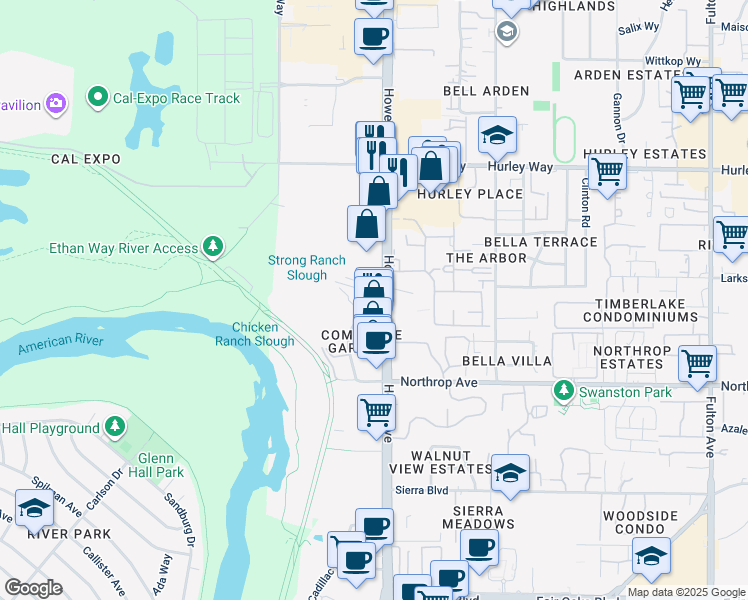 map of restaurants, bars, coffee shops, grocery stores, and more near 1001 Howe Avenue in Sacramento