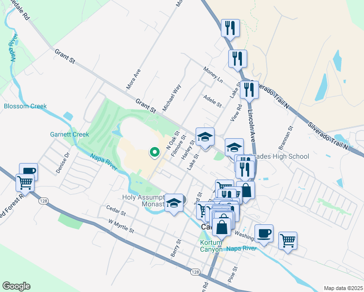 map of restaurants, bars, coffee shops, grocery stores, and more near 1806 Fisher Street in Calistoga