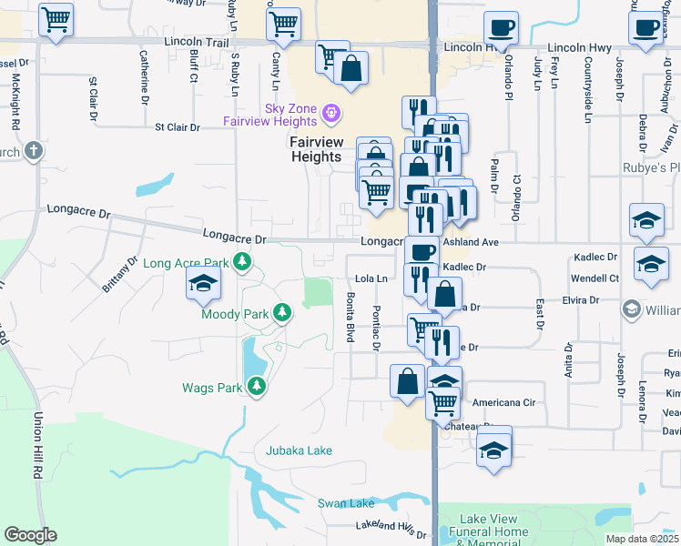 map of restaurants, bars, coffee shops, grocery stores, and more near 5701 Bonita Boulevard in Fairview Heights