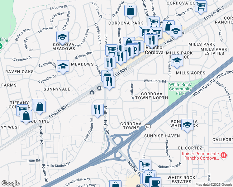 map of restaurants, bars, coffee shops, grocery stores, and more near 10277 Mills Station Road in Rancho Cordova