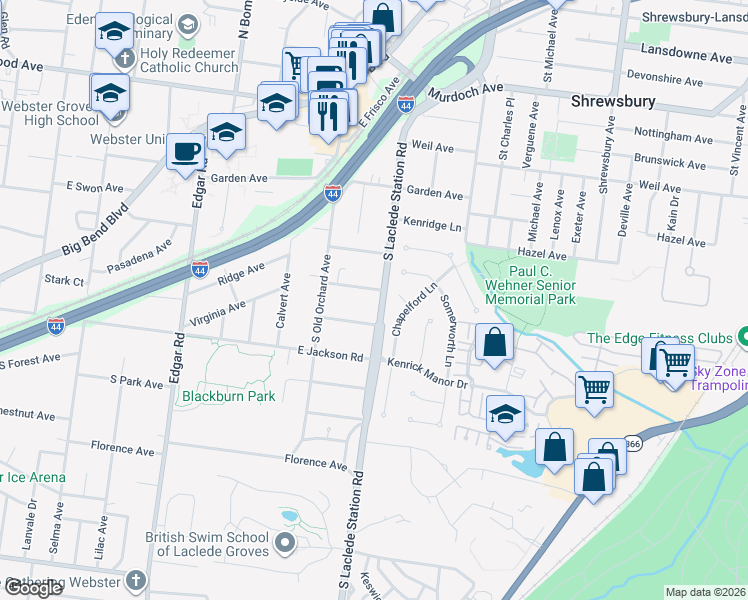 map of restaurants, bars, coffee shops, grocery stores, and more near 740 Catalpa Avenue in Webster Groves