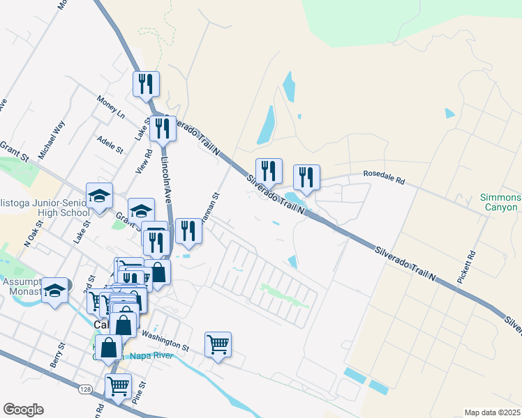 map of restaurants, bars, coffee shops, grocery stores, and more near 755 Silverado Trail North in Calistoga