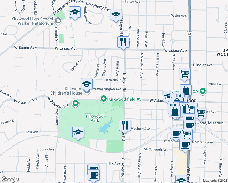 map of restaurants, bars, coffee shops, grocery stores, and more near 528 West Washington Avenue in Kirkwood