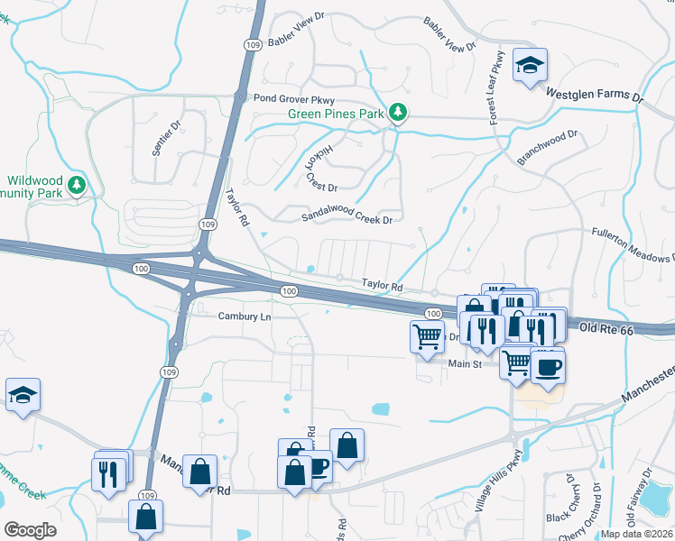 map of restaurants, bars, coffee shops, grocery stores, and more near 2335 Red Glory Drive in Wildwood