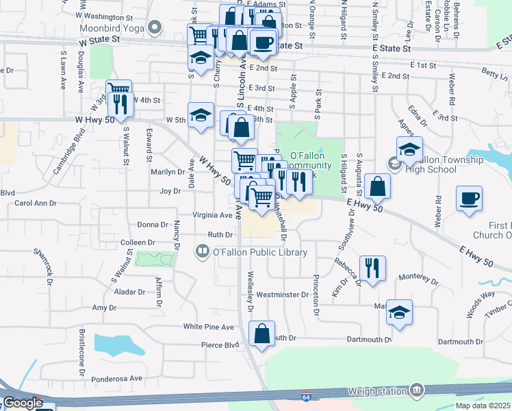 map of restaurants, bars, coffee shops, grocery stores, and more near 300 Southview Plaza in O'Fallon