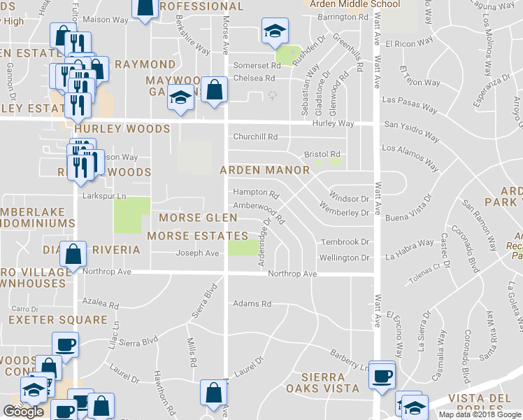 map of restaurants, bars, coffee shops, grocery stores, and more near 1129 Amberwood Road in Sacramento