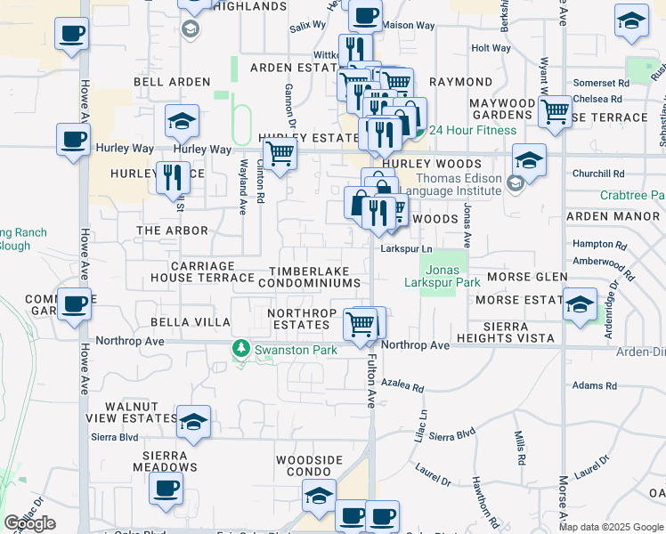 map of restaurants, bars, coffee shops, grocery stores, and more near 1035 Fulton Avenue in Sacramento