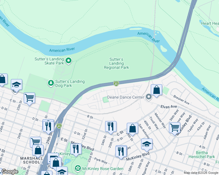 map of restaurants, bars, coffee shops, grocery stores, and more near 3345 Forney Way in Sacramento