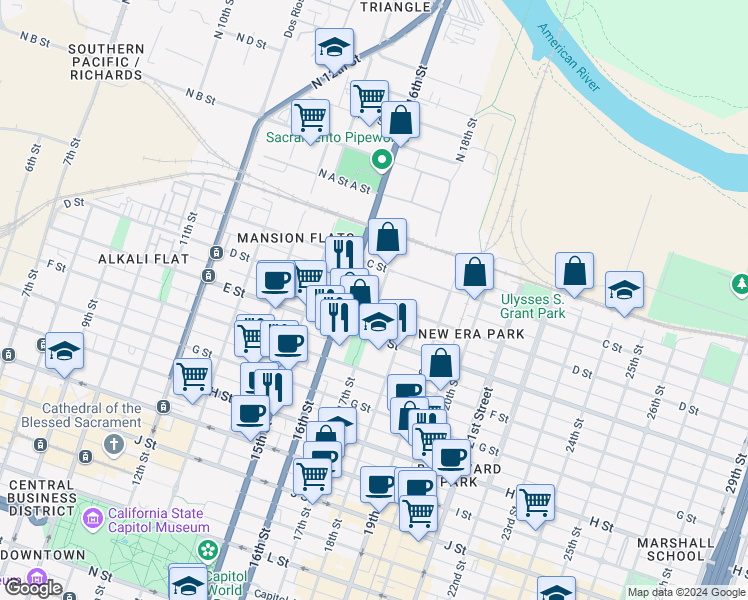 map of restaurants, bars, coffee shops, grocery stores, and more near 1707 D Street in Sacramento