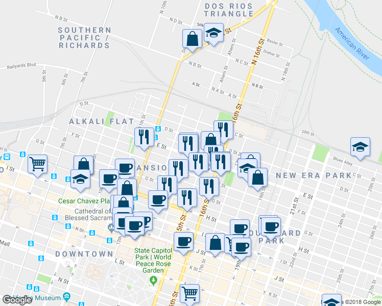 map of restaurants, bars, coffee shops, grocery stores, and more near 425 14th Street in Sacramento