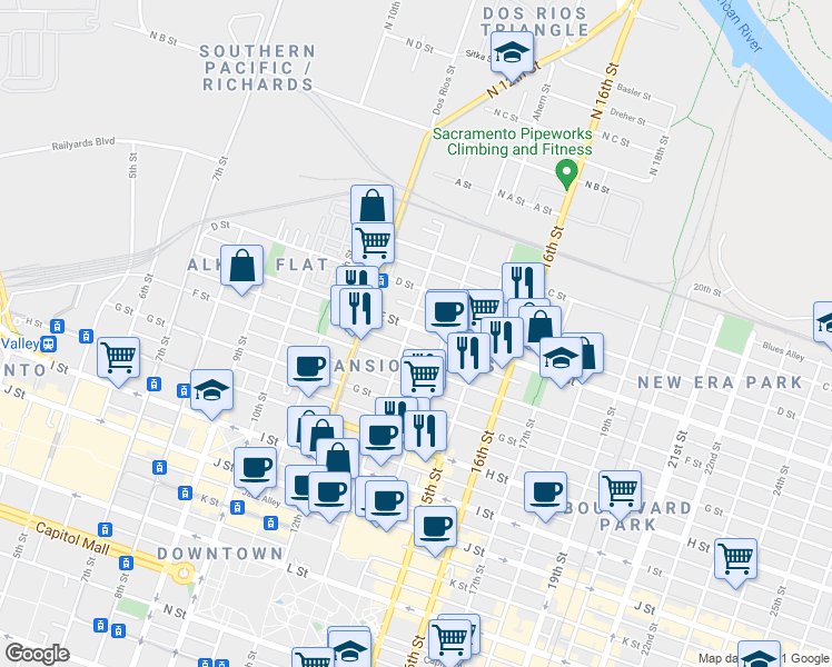 map of restaurants, bars, coffee shops, grocery stores, and more near 501 13th Street in Sacramento