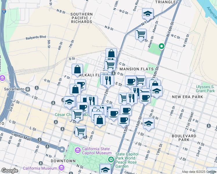 map of restaurants, bars, coffee shops, grocery stores, and more near 1220 E Street in Sacramento
