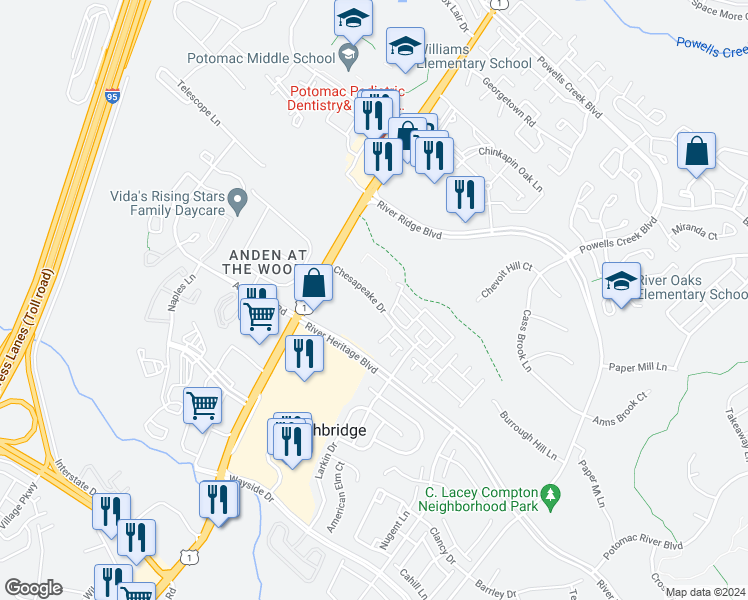 map of restaurants, bars, coffee shops, grocery stores, and more near 3110 Chesapeake Drive in Dumfries
