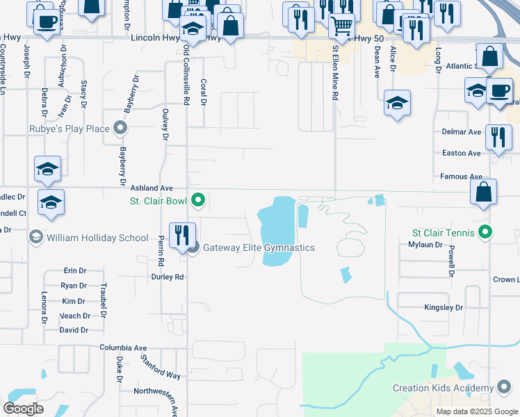 map of restaurants, bars, coffee shops, grocery stores, and more near 5940 Arrow Ridge Road in Fairview Heights