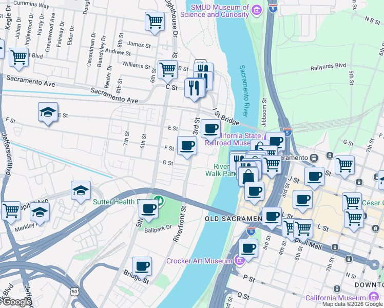 map of restaurants, bars, coffee shops, grocery stores, and more near 301 F Street in West Sacramento
