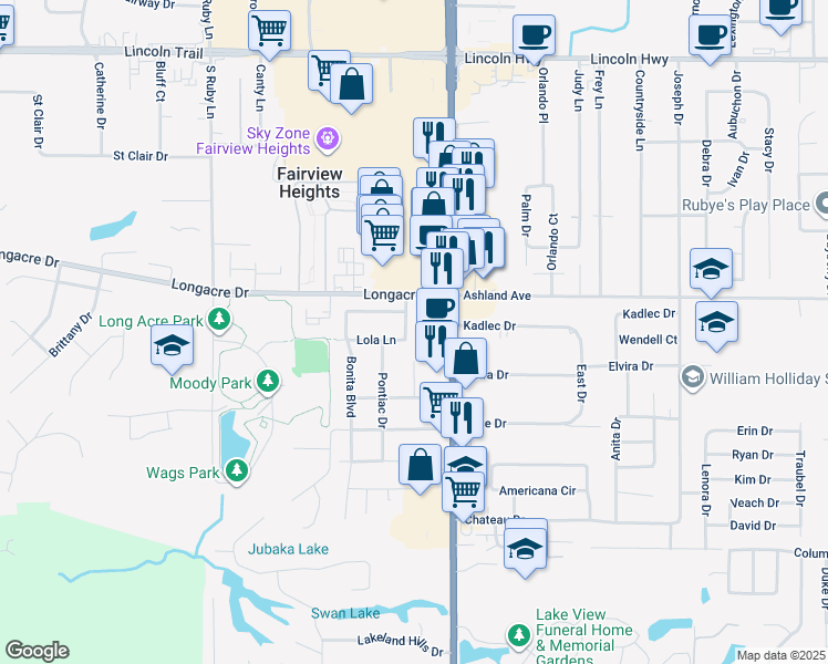 map of restaurants, bars, coffee shops, grocery stores, and more near 5708 Pontiac Drive in Fairview Heights