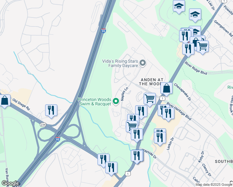 map of restaurants, bars, coffee shops, grocery stores, and more near 16975 Point Pleasant Lane in Dumfries