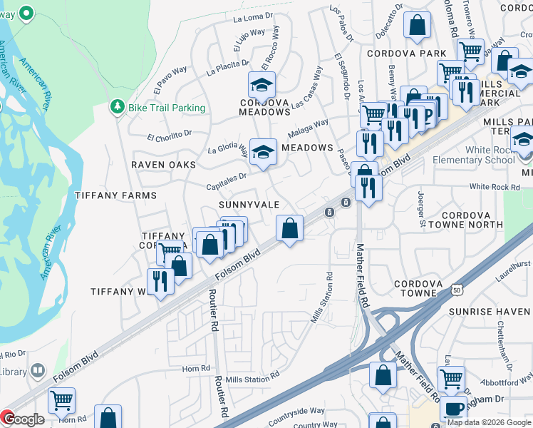 map of restaurants, bars, coffee shops, grocery stores, and more near 2725 El Parque Circle in Rancho Cordova