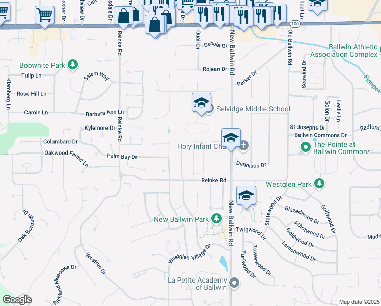 map of restaurants, bars, coffee shops, grocery stores, and more near 267 Windy Acres Estates Drive in Ballwin