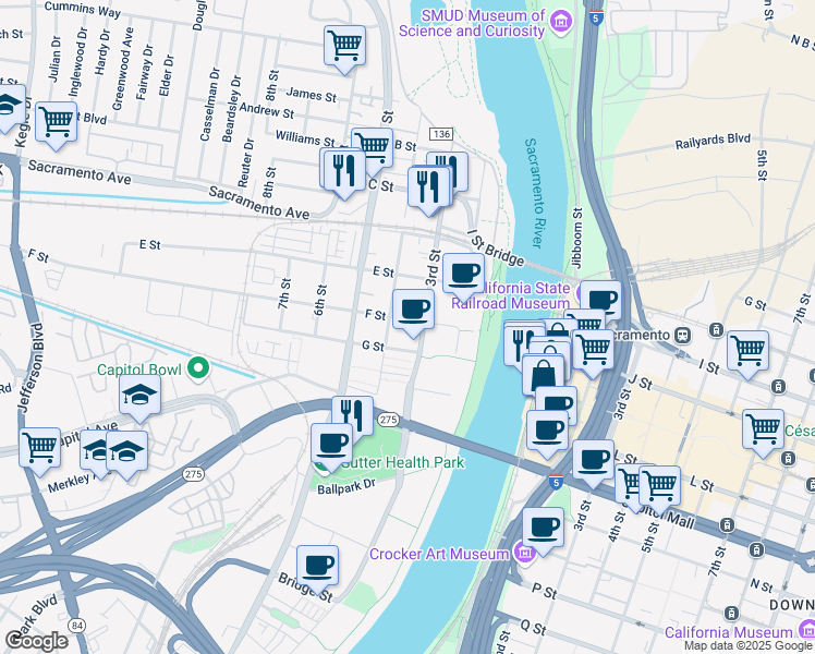 map of restaurants, bars, coffee shops, grocery stores, and more near 331 F Street in West Sacramento