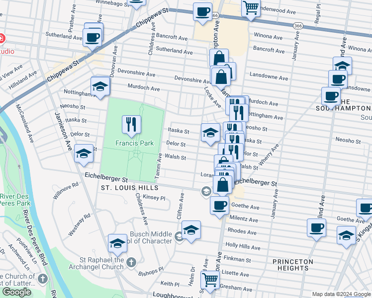 map of restaurants, bars, coffee shops, grocery stores, and more near 6226 Delor Street in St. Louis