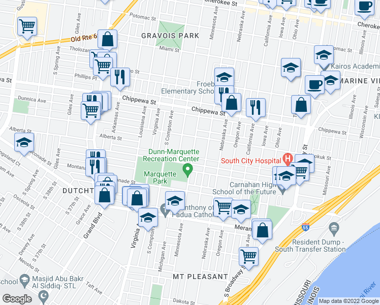 map of restaurants, bars, coffee shops, grocery stores, and more near 3937 Minnesota Avenue in St. Louis