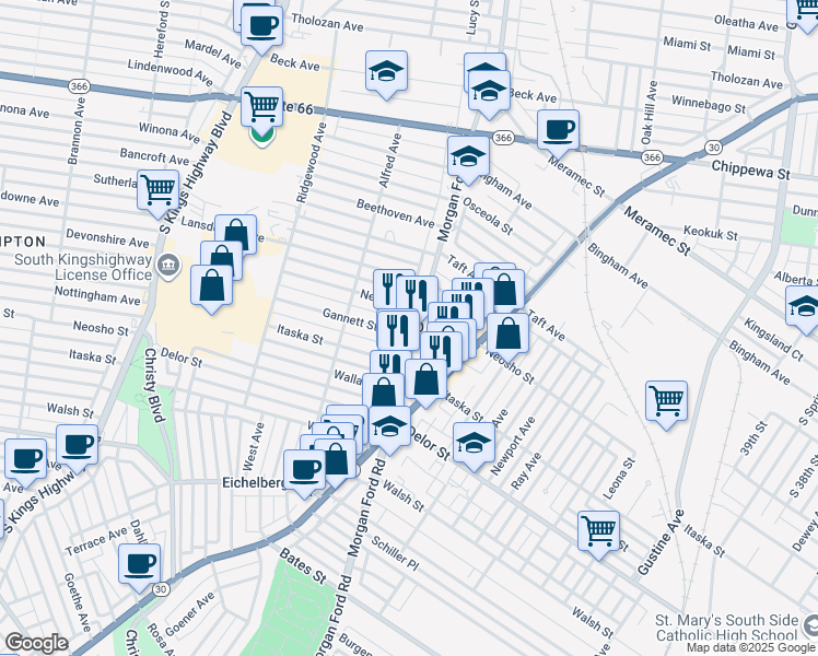map of restaurants, bars, coffee shops, grocery stores, and more near in St. Louis