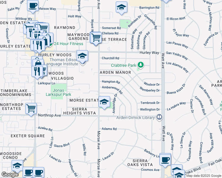 map of restaurants, bars, coffee shops, grocery stores, and more near 1129 Amberwood Road in Sacramento