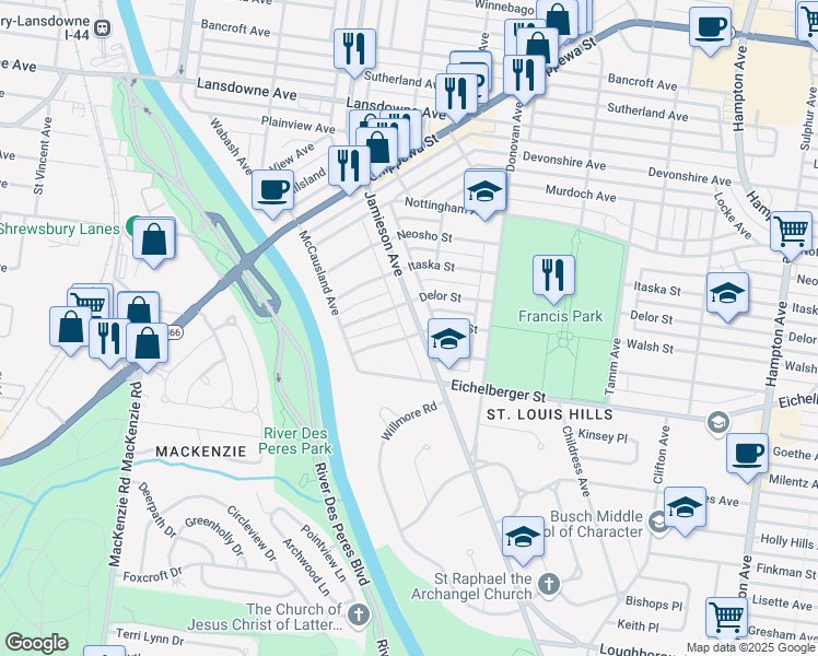 map of restaurants, bars, coffee shops, grocery stores, and more near 5225 Jamieson Avenue in St. Louis
