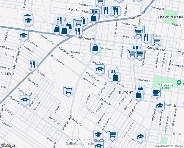 map of restaurants, bars, coffee shops, grocery stores, and more near 3914R Meramec Street in St. Louis