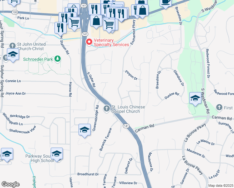 map of restaurants, bars, coffee shops, grocery stores, and more near 551 Enchanted Parkway in Ballwin