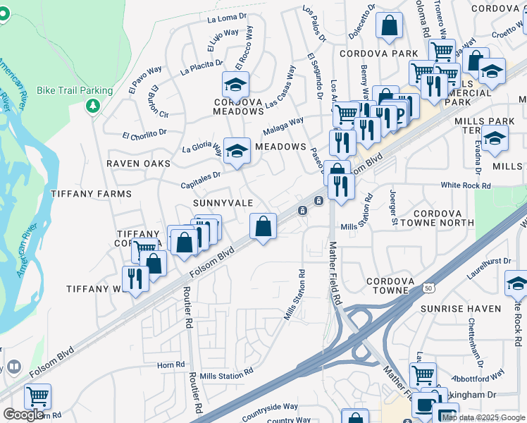 map of restaurants, bars, coffee shops, grocery stores, and more near 2890 La Loma Drive in Rancho Cordova