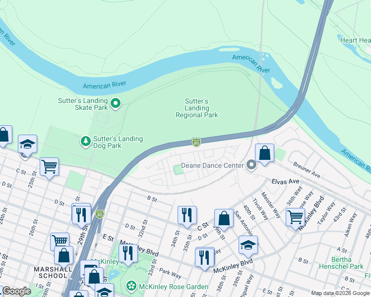 map of restaurants, bars, coffee shops, grocery stores, and more near 3345 Forney Way in Sacramento