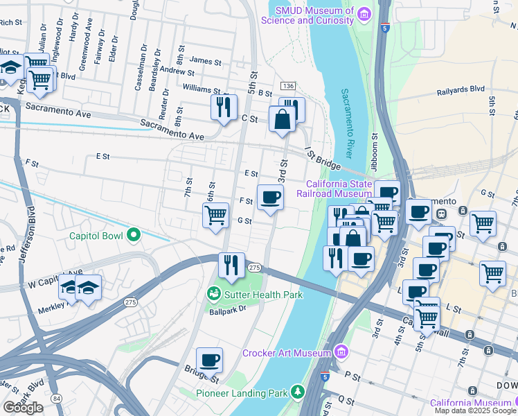 map of restaurants, bars, coffee shops, grocery stores, and more near 331 F Street in West Sacramento