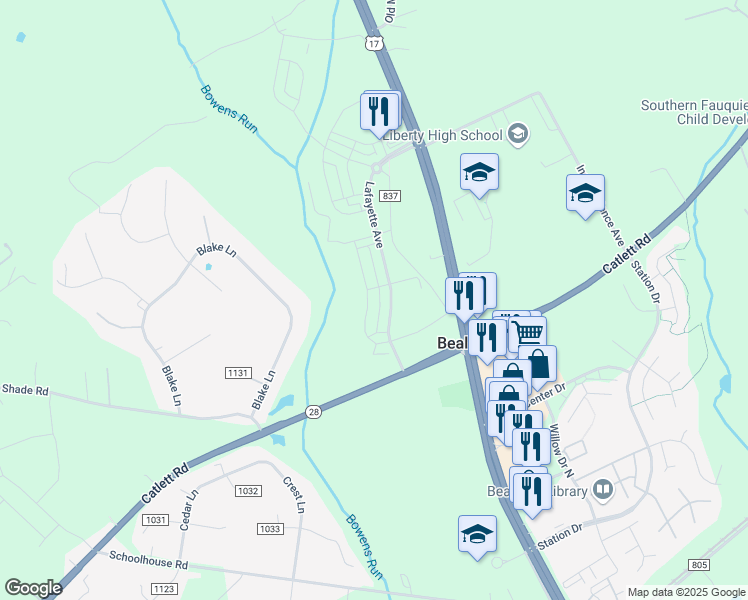map of restaurants, bars, coffee shops, grocery stores, and more near 2975 Revere Street in Bealeton
