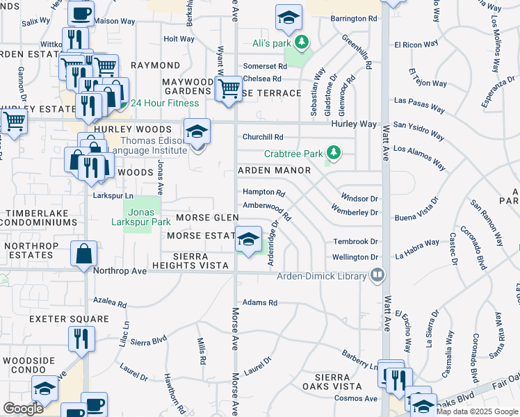 map of restaurants, bars, coffee shops, grocery stores, and more near 1129 Amberwood Road in Sacramento