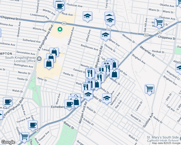 map of restaurants, bars, coffee shops, grocery stores, and more near 4315 Gannett Street in St. Louis