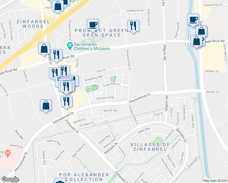 map of restaurants, bars, coffee shops, grocery stores, and more near 3148 Flagler Way in Rancho Cordova