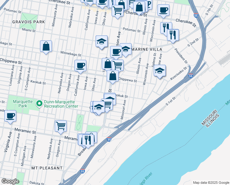 map of restaurants, bars, coffee shops, grocery stores, and more near 2241 Keokuk Street in St. Louis