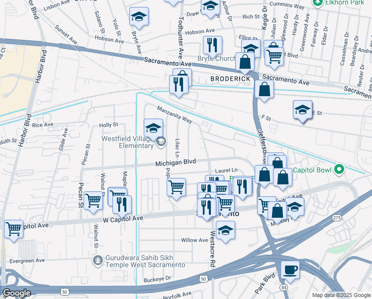 map of restaurants, bars, coffee shops, grocery stores, and more near 520 Chaparral Way in West Sacramento