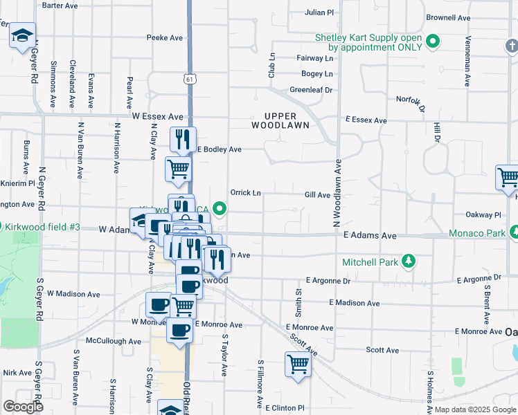 map of restaurants, bars, coffee shops, grocery stores, and more near 243 East Washington Avenue in Kirkwood