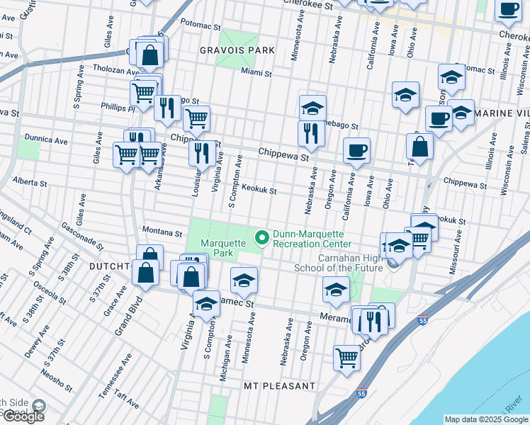 map of restaurants, bars, coffee shops, grocery stores, and more near 3935 Minnesota Avenue in St. Louis