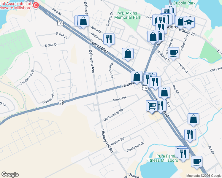 map of restaurants, bars, coffee shops, grocery stores, and more near 209 Laurel Road in Millsboro
